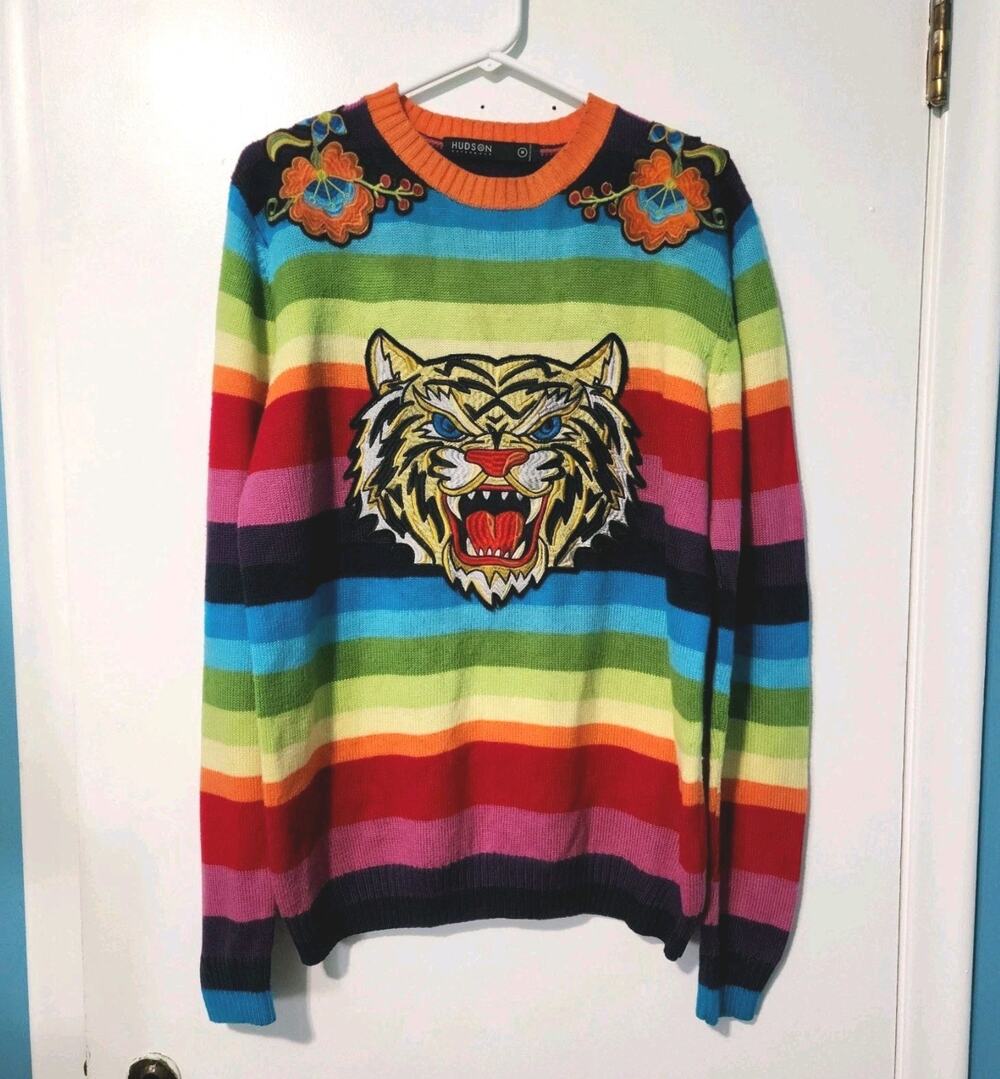 Hudson Outerwear Medium Sweater Men Unisex Rainbow Embroidered Tiger Boho Y2K